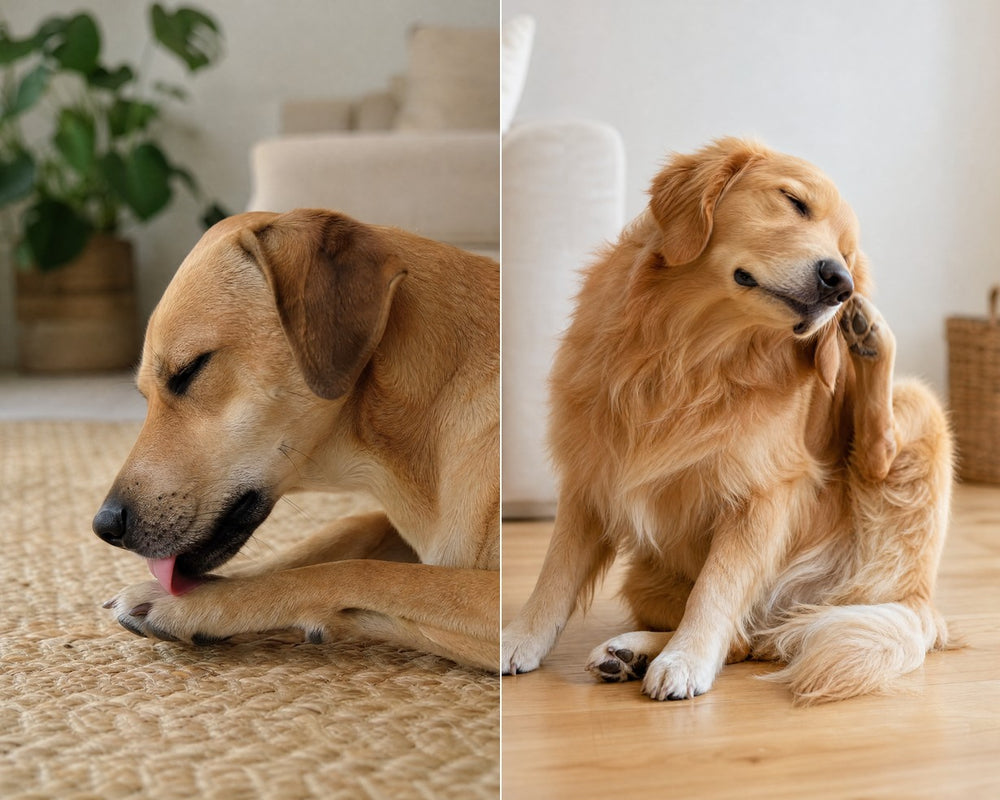 A dog licking its paw and a golden retriever scratching at home